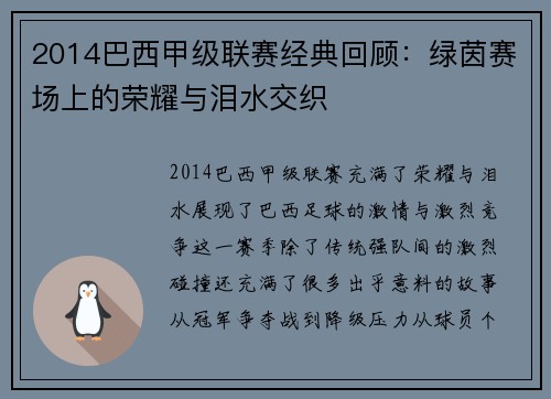 2014巴西甲级联赛经典回顾：绿茵赛场上的荣耀与泪水交织