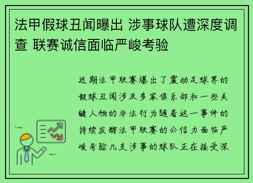法甲假球丑闻曝出 涉事球队遭深度调查 联赛诚信面临严峻考验