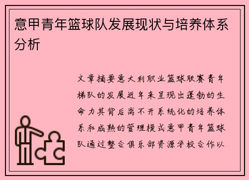 意甲青年篮球队发展现状与培养体系分析
